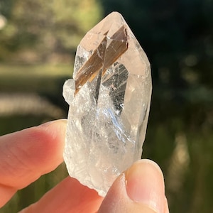 May include: A clear quartz crystal with a golden-brown inclusion. The crystal is held up against a blurred green background. The quartz is transparent with visible internal structures and facets.