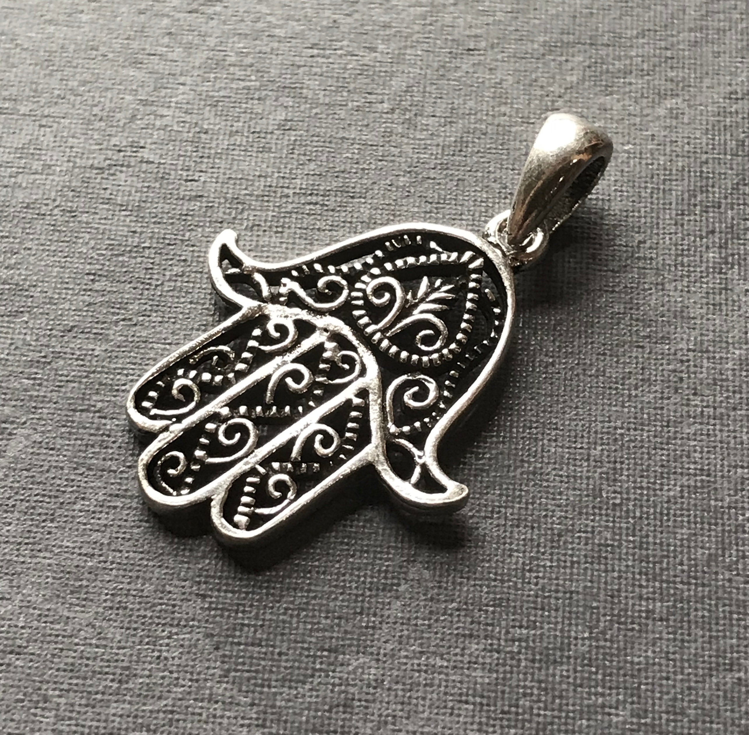 Hand of Fatima charm pendant - Solid Sterling Silver - 24mm X 23mm - large