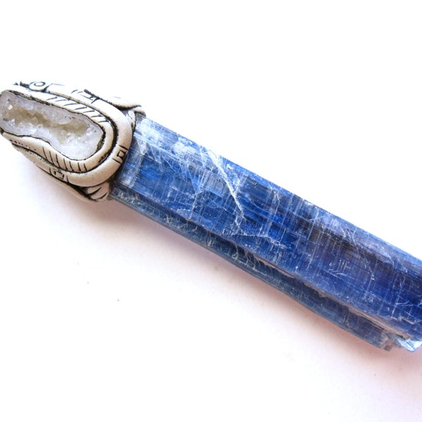 Kyanite and Druzy Cave Geode Pendant with handformed clay bail - large hole of 2mm for leather