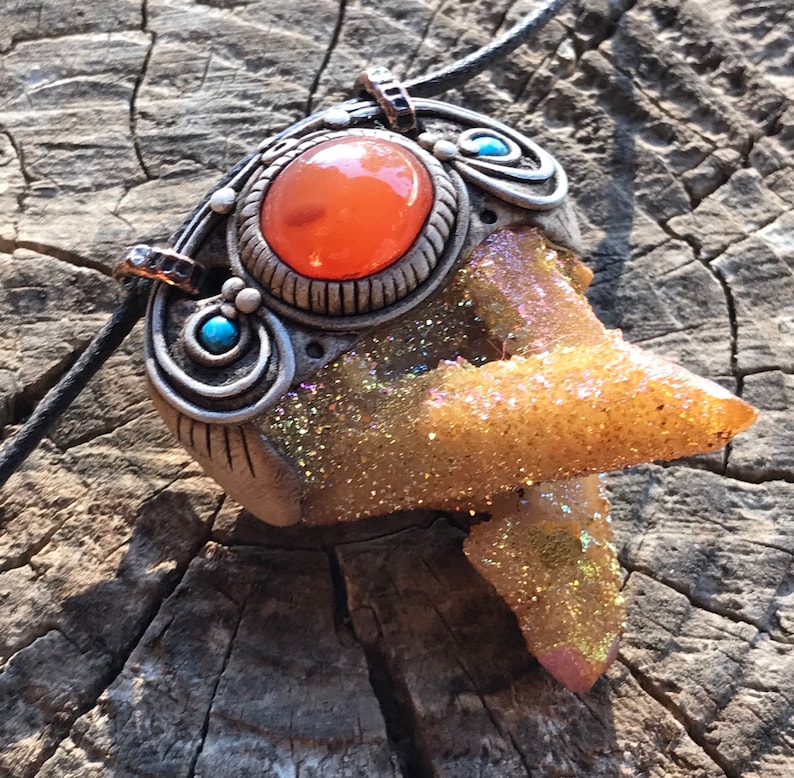 Clay Sunset Aura Spirit Quartz Cluster and Carnelian Necklace Woodland Fairy Hippie Boho Chic Shaman Pixie Earthy