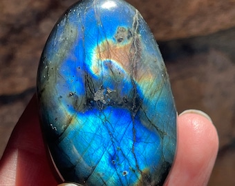 Labradorite palmstone oval with blue fire flash natural semiprecious gemstone smooth polished