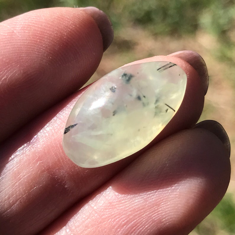 Prehnite Cabochon elongated teardrop semiprecious gemstone natural colors 21mm X 12mm