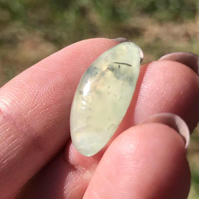 Prehnite Cabochon elongated teardrop semiprecious gemstone natural colors 21mm X 12mm