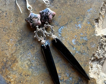 Sterling Silver Rhodonite Heart Dagger artisan earrings obsidian