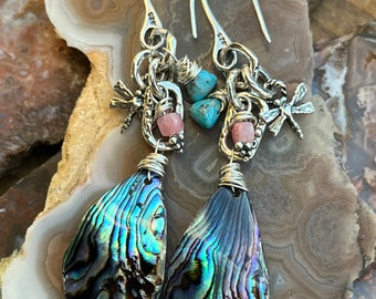 Sterling Silver Dragonfly Abalone Shell turquoise artisan earrings