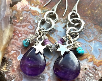 Sterling Silver Amethyst turquoise gemstone artisan earrings