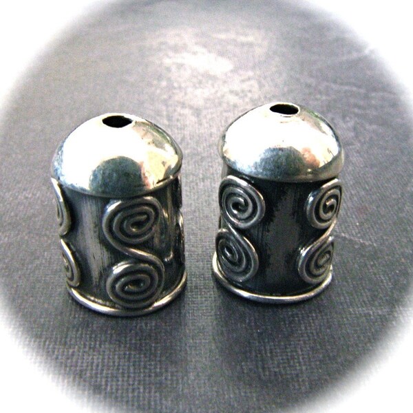 2 STERLING SILVER Swirl Bullet Beads 14mm X 10mm - Accent beads or Multiple Strand end caps / cones