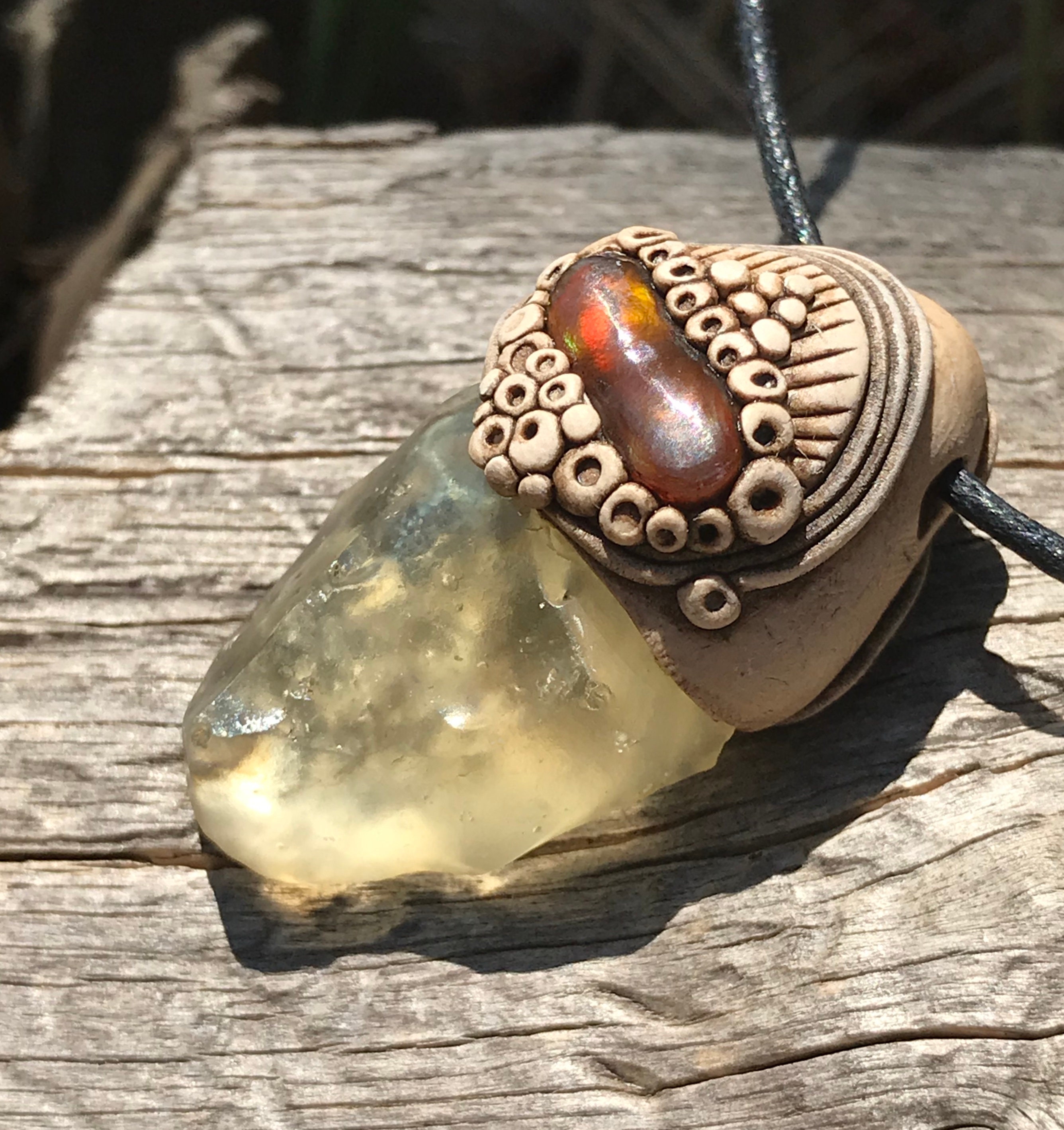 Libyan Desert Glass And Mexican Fire Agate Necklace Clay Woodland Fairy Hippie Boho Chic Shaman Mens Earthy