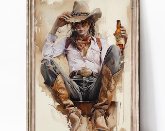 Smokin&#39; Cowgirl | Western-Style Giclée Print | Digital Art with Oil Painting Look | Retro Western | Matte |  No Frame