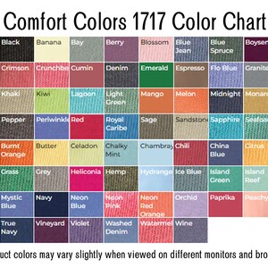 Peut inclure: Un nuancier avec 64 &eacute;chantillons de couleurs diff&eacute;rentes, &eacute;tiquet&eacute;s avec des noms tels que "Blanc", "Noir", "Banane", "Baie", "Baie", "Fleur", "Jean bleu", "&Eacute;pinette bleue", "Boysenbe", "Brique", "Tr&egrave;fle", "Cramoisi", "Crunchbe", "Cumin", "Denim", "&Eacute;meraude", "Expresso", "Bleu flo", "Granite", "Raisin", "Ivoire", "Khaki", "Kiwi", "Lagon", "Vert clair", "Mangue", "Melon", "Minuit", "Monarque", "Mousses", "Pivoine", "Poivre", "Pervenche", "Rouge", "Royal Caribe", "Sauge", "Sandston", "Saphir", "Seafoare", "Terreau", "Saumon brillant", "Orange br&ucirc;l&eacute;", "Beurre", "C&eacute;ladon", "Menthe crayeuse", "Chambray", "Chili", "Bleu Chine", "Agrumes", "Igname", "Graphite", "Herbe", "Gris", "H&eacute;liconia", "Chanvre", "Hydrange", "Bleu glac&eacute;", "Vert &icirc;le", "R&eacute;cif &icirc;le", "Moutarde", "Bleu mystique", "Marine", "Bleu n&eacute;on", "Rose n&eacute;on", "Orange rouge n&eacute;on", "Orchid&eacute;e", "Paprika", "P&ecirc;che", "Bleu topaze", "Vrai marine", "Vignoble", "Violet", "Denim lav&eacute;", "Past&egrave;que", "Vin". Le tableau est intitul&eacute; "Comfort Colors 1717 Color Chart".