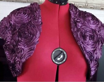 Plum Bridal Bolero,Short Sleeve Bridal Shrugs,Soft Rosette boleros, Satin Wedding Jackets