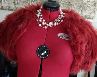 Burgundy faux fur bolero,bridal shrug,fur wedding jacket Short Sleeves,faux fur shrug,