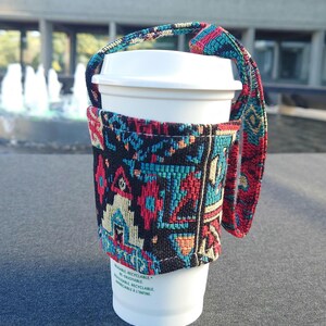Colourful Bohemian Geometric Pattern Fabric Cup Holder, Hand Made, Indigenous Art, Reusable, Portable, and Foldable Drink Carrier