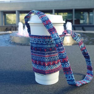 Blue & Red Indigenous-Inspired Pattern Fabric Cup Holder, Hand Made, Indigenous Art, Reusable, Portable and Foldable Drink Carrier