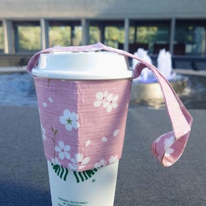 Pink Cherry Blossom Design Fabric Cup Holder, Natural Lover, Pink Drink Carrier, Reusable, Portable & Foldable Cup Holder, Hand Made