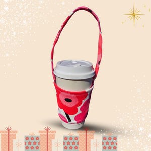 Handmade Red Floral Fabric Portable Cup Holder, Christmas Gift, Drink/Boba carrier, Gift for coffee lover,Nordic Floral pattern cup holder