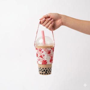 Red Japanese Floral Pattern Fabric Cup Holder, Natural Lover, Flower Lover, Reusable, Portable, Foldable Cup Holder, Hand Made