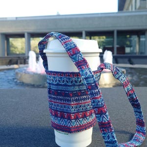 Blue & Red Indigenous-Inspired Pattern Fabric Cup Holder, Hand Made, Indigenous Art, Reusable, Portable and Foldable Drink Carrier