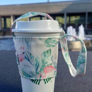 Tropical Flamingo & Palm Leaf Pattern Fabric Cup Holder, Bird Lover, Natural Pattern, Light Green, Reusable and Foldable Drink Carrier
