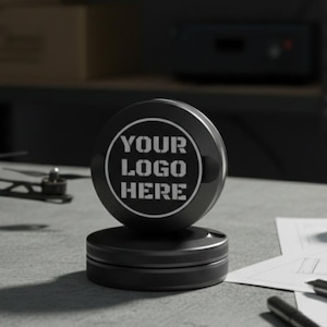 以下が含まれることがあります： 黒い丸い製品ディスプレイで、白い文字で「YOUR LOGO HERE」と書かれています。 グレーの表面に置かれ、ペンの設計図とドローンが背景にあります。 この製品はおそらくブランディングまたはプロモーション用です。