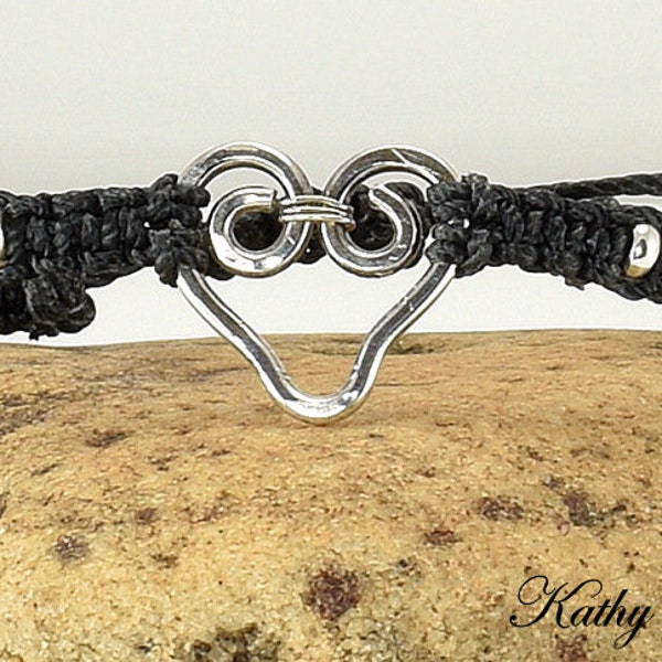 Macrame Bracelet - Black with Sterling Silver Heart Beads Macrame Bracelet - KTBL