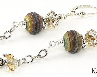 Lampwork Earrings - Lampwork Rustic Sterling Silver Swarovski Crystal Lampwork Bead Dangle Earrings - KTBL