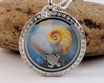 Sale--Memory Floating Charm Locket Necklace - Seashell