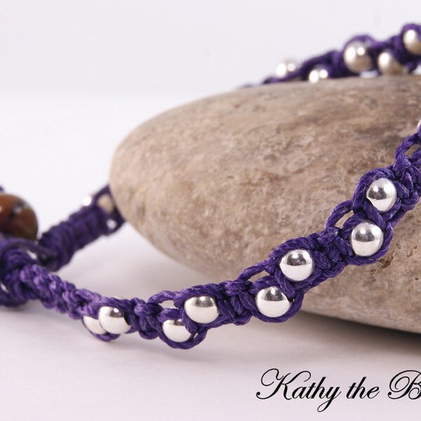 Macrame Bracelet -Purple with Sterling Silver Beads with Lampwork  Macrame Bracelet - KTBL