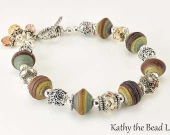 Lampwork Bracelet - Lampwork and Swarovski Crystal Bali Silver Bead Bracelet - KTBL