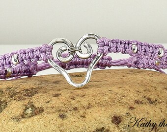 Macrame Bracelet - Lavendar with Sterling Silver Heart Beads Macrame Bracelet - KTBL