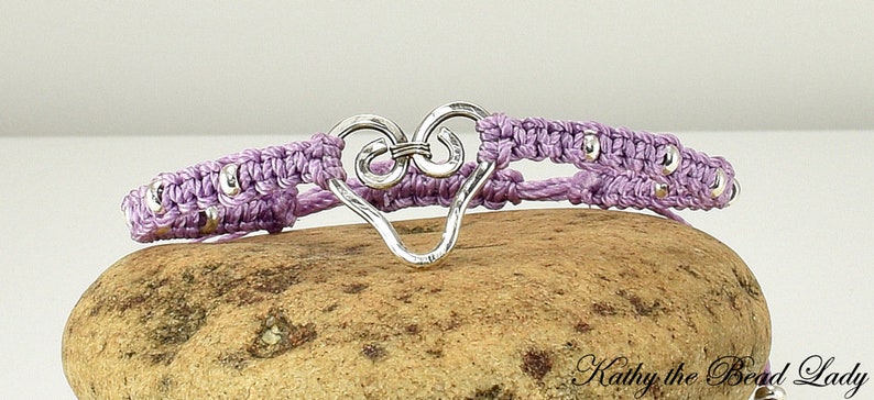 Macrame Bracelet Lavendar with Sterling Silver Heart Beads Macrame Bracelet KTBL image 1