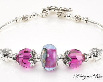 Lampwork Bracelet - Boro Fuchsia and Gray Lampwork Karen Hill Tribe Sterling Silver Bead Bracelet - KTBL