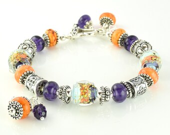 Lampwork Bracelet - Purple Orange Light Blue Lampwork  and Bali Silver Bead Bracelet - KTBL