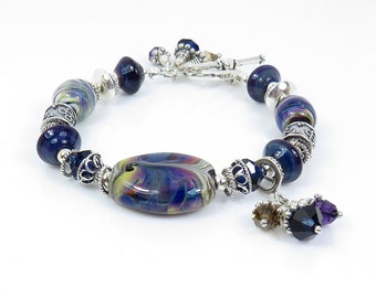 Lampwork Bracelet - Blue Silver Glass Lampwork  and Bali Silver Bead Bracelet - KTBL