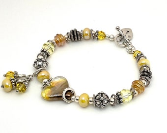 Lampwork Bracelet - Golden Yellow Heart Lampwork  and Bali Silver Bead Bracelet - KTBL