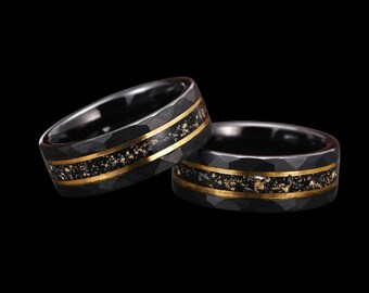 Galaxy Goldene Folie & Meteorit Herren Ehering | 8 mm Meteorit Ring |Wolfram Ehering | Ausgefallener Herrenring