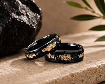Crushed Meteorite Gold Leaf Inlay Wedding Band | Black Tungsten Promise  Ring | Set of 8mm/6mm