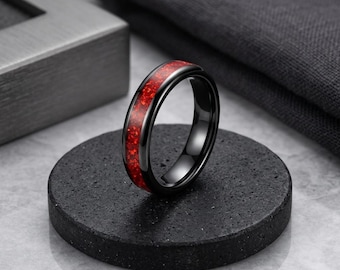 Red Opal Tungsten Meteorite  Wedding Band | Crushed Meteorite & Gold Ring | Red stone Inlay Wedding Band | Tungsten Ring | Comfort Fit |4mm