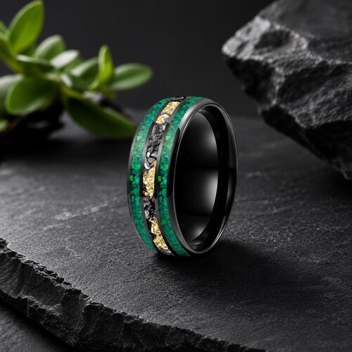 Green Opal Meteorite Gold Foil Inlay Ring | 8mm Engagement Band | Tungsten Wedding Ring