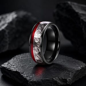 Anillo de boda de tungsteno con espiral celta y cuerda de guitarra roja / Anillo de boda de tungsteno para hombre / Anillo para guitarrista / Anillo para músico