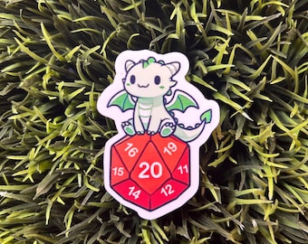 Critical Hit Dragon, Baby Dragon, D20, Fantasy, DnD, Cute Sticker