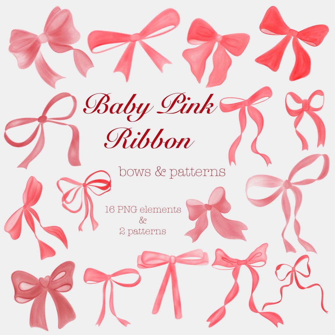 Whimsical Baby Pink Ribbon Clipart: 16 PNG Bows Elements, 2 Patterns ...