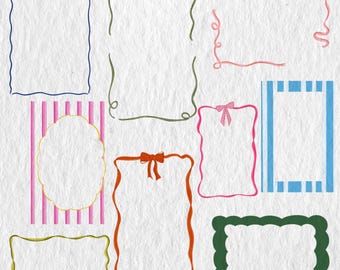 Könnte beinhalten: Eine Sammlung digitaler Rahmen und Ränder mit verschiedenen Designs, darunter eine blaue Wellenlinie, grüne Schnörkel, rosa Bänder, ein rosa gestreiftes Oval, eine rote Schleife, ein blau gestreiftes Rechteck, ein gelber Wellenrand und ein dunkelgrüner Wellenrand.