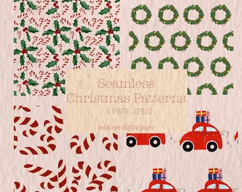 Può includere: Una collezione di motivi natalizi senza cuciture. I disegni includono motivi di agrifoglio e bastoncini di zucchero, ghirlande verdi e auto rosse che trasportano regali. Il testo recita "Seamless Christmas Patterns" e "4 PNG, JPEG".