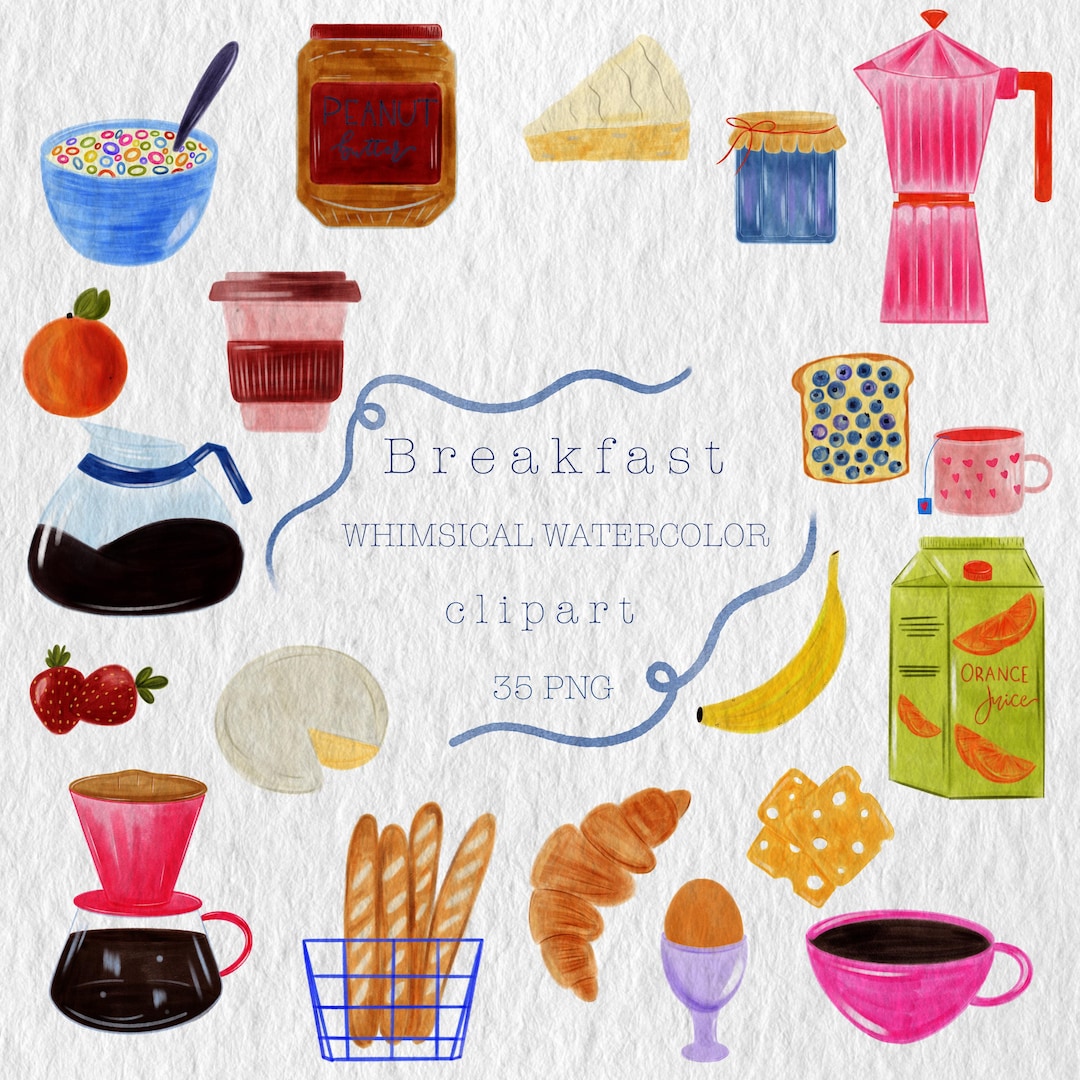 Breakfast Doodles Watercolour Clip Art: 35 PNG Elements, Digital ...