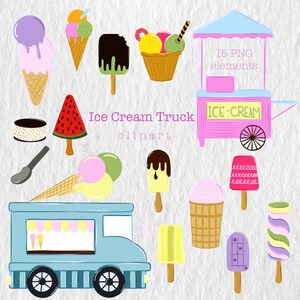May include: A collection of ice cream treats and an ice cream truck illustration. The image includes ice cream cones, popsicles, and a pink ice cream cart with the text "ICE-CREAM". The words "Ice Cream Truck clipart" are also present.