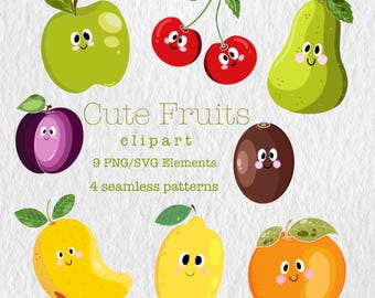 Kawaii Fruit Clipart | PNG SVG Illustrations (Digital Download