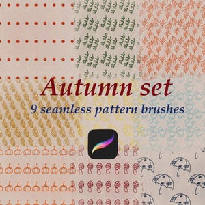Könnte beinhalten: Ein Bild mit neun nahtlosen Musterpinseln zum Thema Herbst. Die Muster umfassen Punkte, Blätter und andere herbstliche Designs. Der Text "Autumn set" und "9 seamless pattern brushes" wird angezeigt.