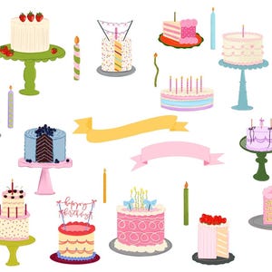 Puede incluir: Una colección de varios pasteles de cumpleaños en soportes, incluyendo diseños glaseados en rosa, azul, blanco y amarillo con cerezas, bayas y velas. El conjunto incluye dos cintas decorativas en blanco en amarillo y rosa, además de velas individuales.