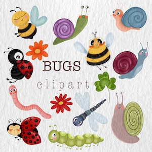 Op de afbeelding: Een verzameling kleurrijke insecten-clipart illustraties, waaronder bijen, slakken, lieveheersbeestjes, een worm, een libelle en een rups. Het woord "BUGS" wordt weergegeven, met "clipart" eronder.